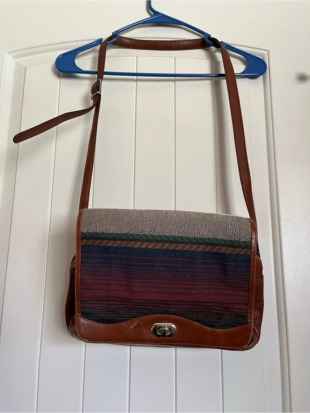 Vintage Leather-Trimmed Canvas Messenger Bag in Brown and Multicolor